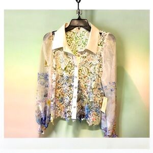 Feminine Lace Button-Up Blouse NWT